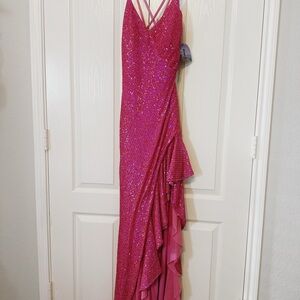 Morgan & Co. Sequin Ruffed High Low Dress Fuchsia Size 0
